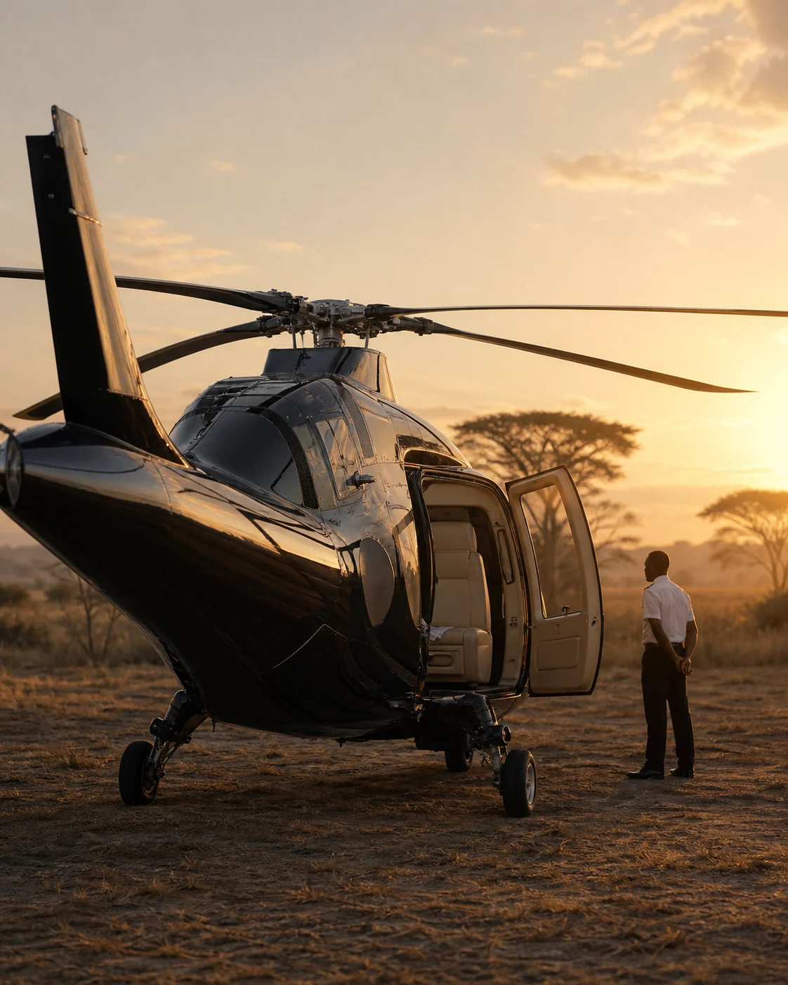 A black private helicopter prepared for a discreet golden-hour arrival in Tanzania