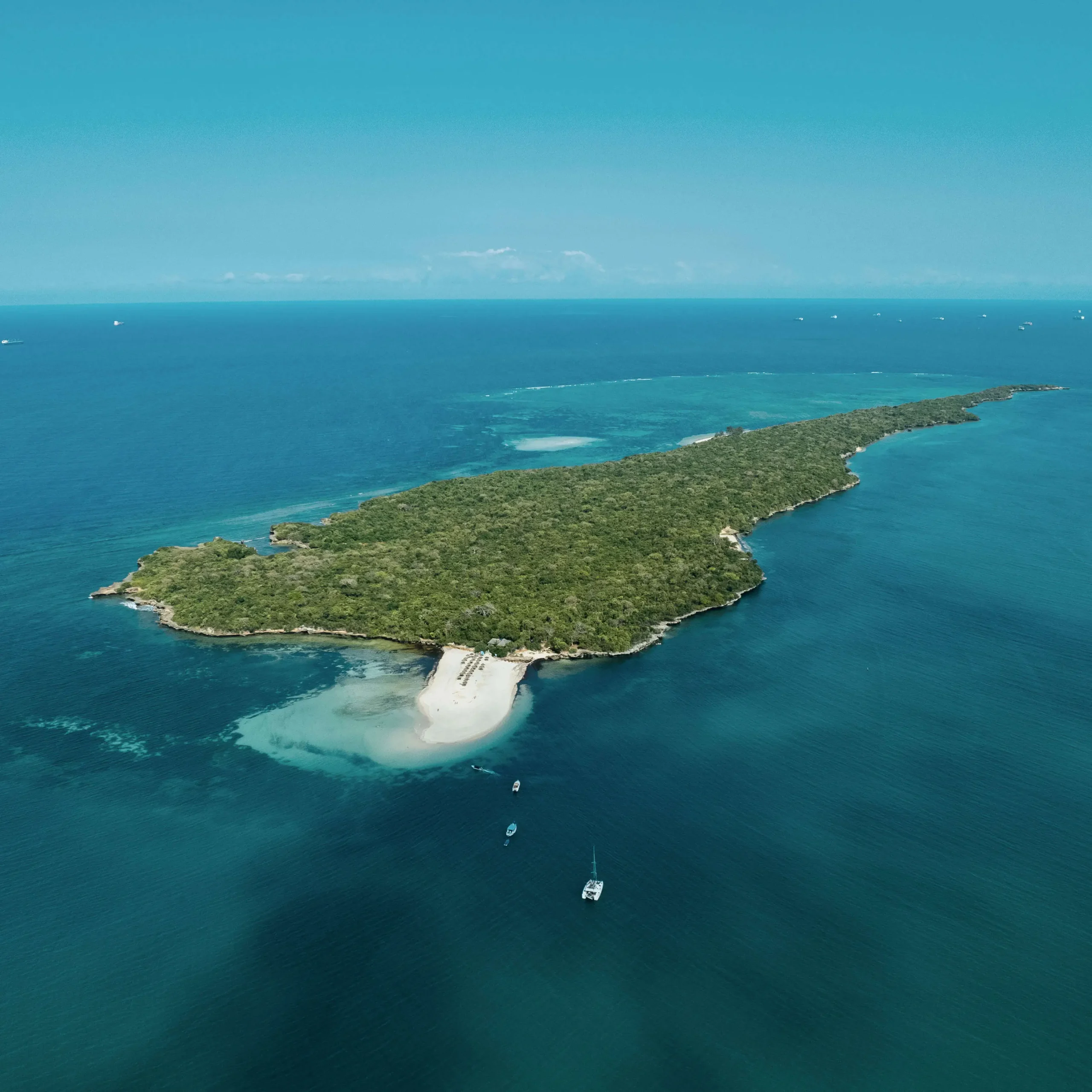 Indian Ocean island seen from above with a private catamaran offshore