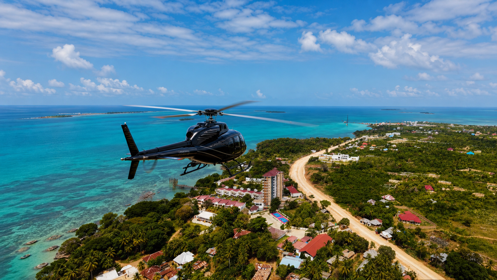 Helicopter flying above Zanzibar's coast