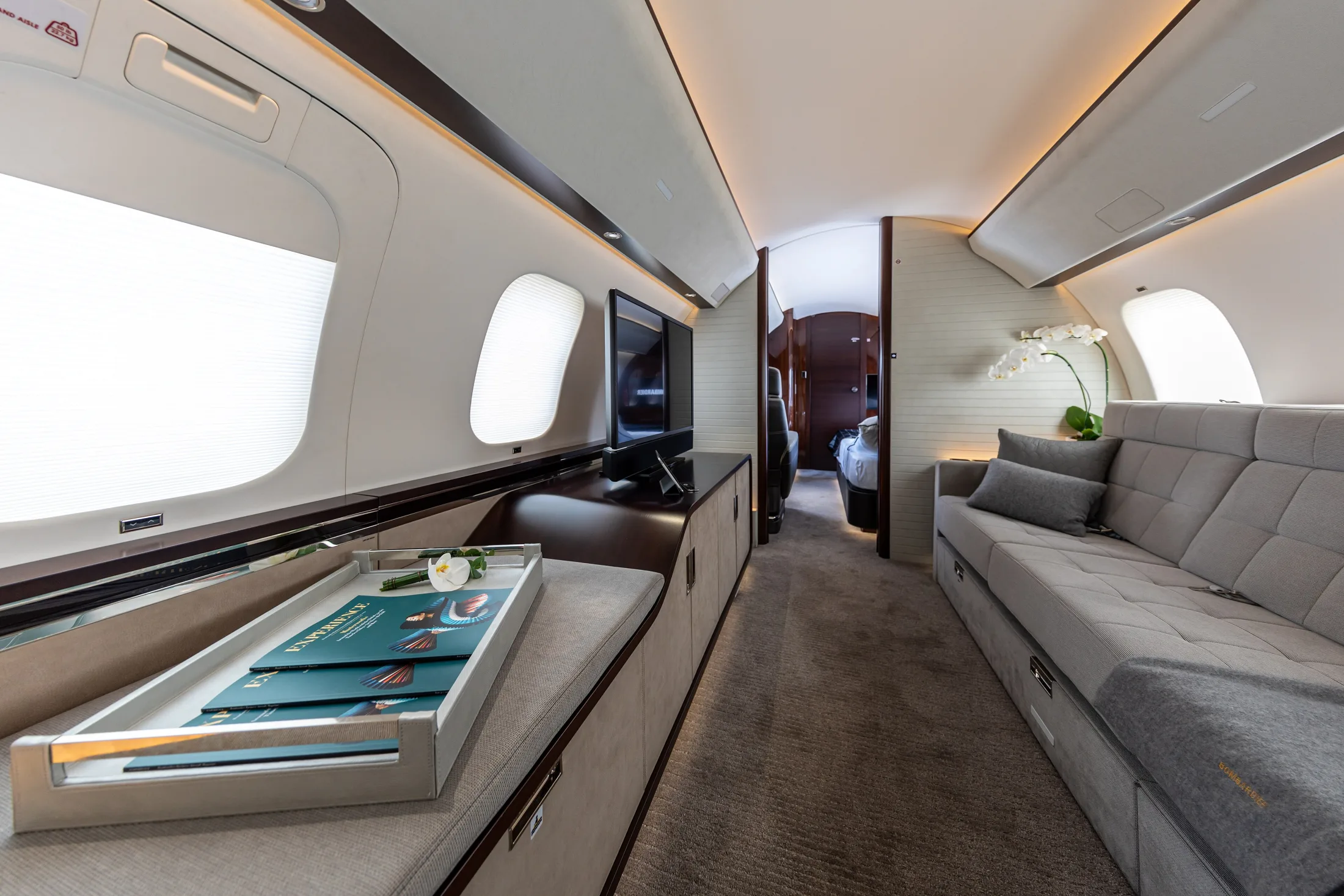Bombardier Global 7500 private cabin with lounge and entertainment suite